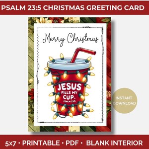 Biglietto di auguri natalizio 5x7 stampabile, Gesù riempie la mia tazza Salmi 23:5, biglietto di auguri cristiano, biglietto di Natale stampabile, download immediato