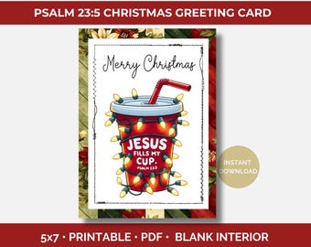 Kerstwenskaart 5 x 7 afdrukbaar, Jezus vult mijn beker, Psalmen 23:5, christelijke kerstkaart, afdrukbare kerstkaart, Instant Download