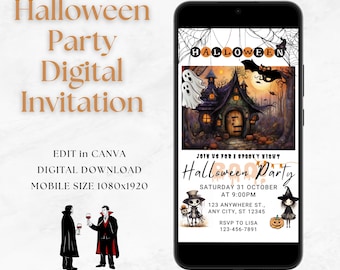 Bewerkbare digitale uitnodiging Halloween-feest, bewerkbare canva-sjabloon, elektronische uitnodiging, Halloween-feestavond, digitale uitnodiging kostuumfeest
