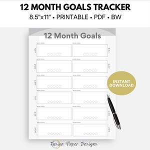 12 Month Goal Tracker, Personal Goal Tracker, Goals Printable, Business Goal Tracker, Simple Monthly Goal  Printable, Monthly Goals Tracker