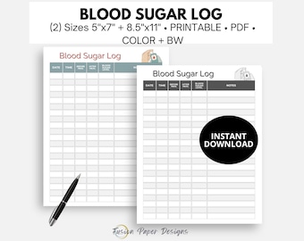 Afdrukbaar bloedsuikerlogboek, dagelijkse bloedglucosetracker, logboek voor diabetesbewaking, diabetestracker, logboek voor bloedglucosewaarden, pdf