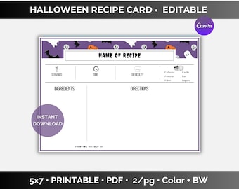 Bewerkbare 7 x 5 Halloween-receptkaart Canva-sjabloon, afdrukbare receptkaart, Spooky Receptkaart, Halloween-receptkaarten
