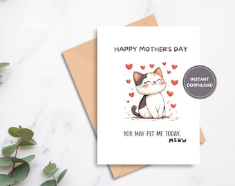 Kattenmoeder, afdrukbare Moederdagkaart, Happy Mothers Day-wenskaart, wenskaart, afdrukbare blanco kaart, opvouwbare kaart van 5 x 7, kattenkaarten