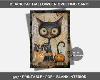 Spooky Halloween-kaart, afdrukbare Halloween-kaart, Black Cat Halloween-kaart, lege interieur Notitiekaart, Halloween-kaart 5 x 7, wenskaart