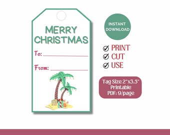 Afdrukbare kerstcadeaukaartjes, kerstcadeaukaartjes, label voor vakantiebedankjes, cadeaukaartjes voor de feestdagen, kerstcadeaukaartjes met strandthema, cadeaukaartjes voor kerstmis