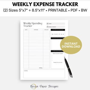 May include: Printable weekly expense tracker in black and white. The tracker includes sections for date, expense, amount, weekly budget, a daily spending tracker, ideas to save money, and things to cut out. The tracker is available in two sizes: 5 inches by 7 inches and 8.5 inches by 11 inches.