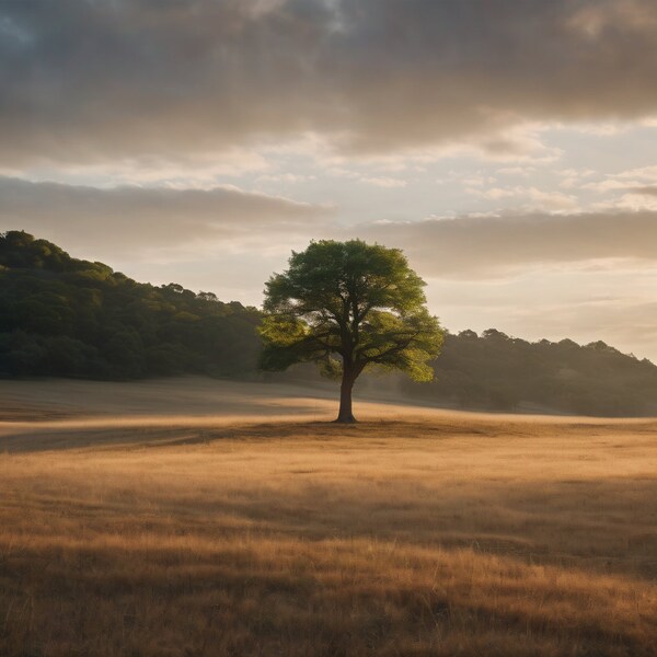 Serenade of Shadows: A Lone Tree in Meadow's Embrace