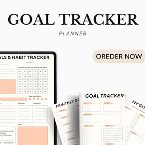 Może przedstawiać: Cyfrowy tablet i kilka wydrukowanych stron z narzędziem do śledzenia celów i nawyków. Tekst "GOAL TRACKER" i "PLANNER" znajduje się na górze. Strony mają sekcje na cele, nawyki i notatki. Schemat kolorów to biały i brzoskwiniowy.