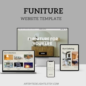 May include: Website template for a furniture store called "mila-siva". The website features a collection of furniture, including a lamp, sofa, chair, and side table. The website also has a catalog of furniture for living rooms and bedrooms. The website's tagline is "Furniture for your life".