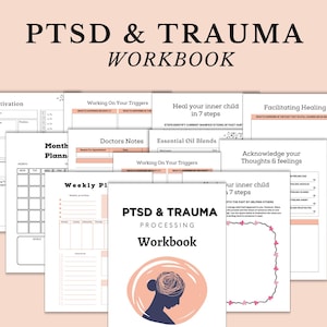 May include: A workbook titled "PTSD & Trauma Processing Workbook" with a pink and blue illustration of a person's head. The workbook includes pages for journaling, planning, and working through trauma.