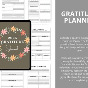May include: A digital 2025 gratitude journal on a tablet, with a floral wreath design. The journal includes pages for daily reflection and habit tracking. A mason jar illustration is in the upper left corner. The text reads "Gratitude Planner".