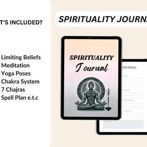 Könnte beinhalten: Zwei schwarze Tablets, die ein "Spirituality Journal" anzeigen. Das Cover zeigt eine meditierende Figur in einem kreisförmigen Design. Der Text enthält "Spirituality Journal" und eine Liste von Themen: Begrenzte Überzeugungen, Meditation, Yoga-Posen, Chakren-System, 7 Chajras und Zauberplan.
