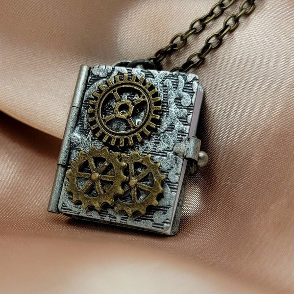 Silver Book Steampunk Necklace,  Miniature Journal Pendant, Literary Jewelry,  Gear Design, Tarnish Resistant Jewelry, Time Travel Jewellery