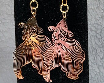 Gold Filigree Koi Fish Drop Earring, Long Dangle Jewelry, Goldfish Charm, Animal Theme Accessory, Aquatic Jewellery, Asian Inspired Pendant