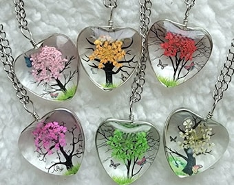 Enchanted Heart Pendant Necklace, Baby's Breath Resin Jewelry, Timeless Bridesmaid Gift, Butterfly Necklace, Hand-drawn Tree of Life Pendant