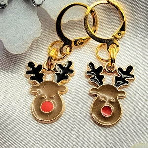 Festive Rudolph Charm Earring, Red-Nosed Reindeer Jewelry, Christmas Party Accessory, Lightweight Holiday Dangles, Sparkling Animal-Inspired