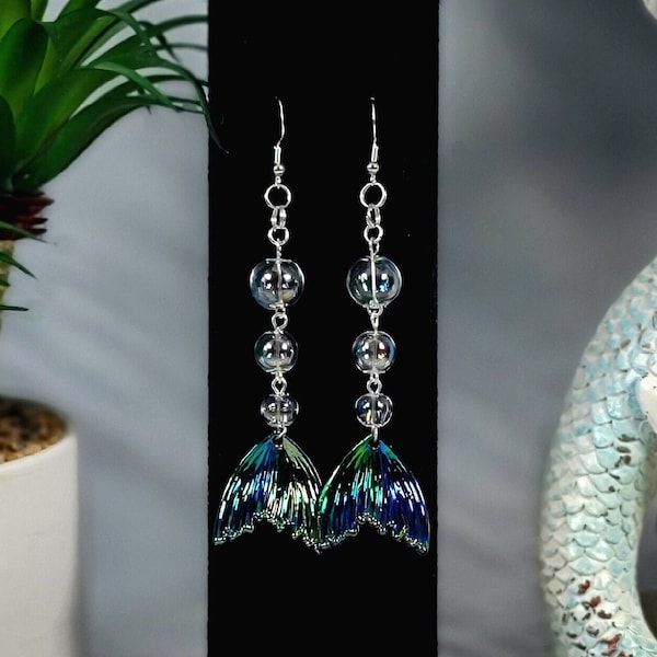 Iridescent Mesmerizing Mermaid Tail Long-Drop Earrings, Elegant Sea-Inspired Jewelry, Ocean Elegance, Enchanted Underwater Design, Fantasy