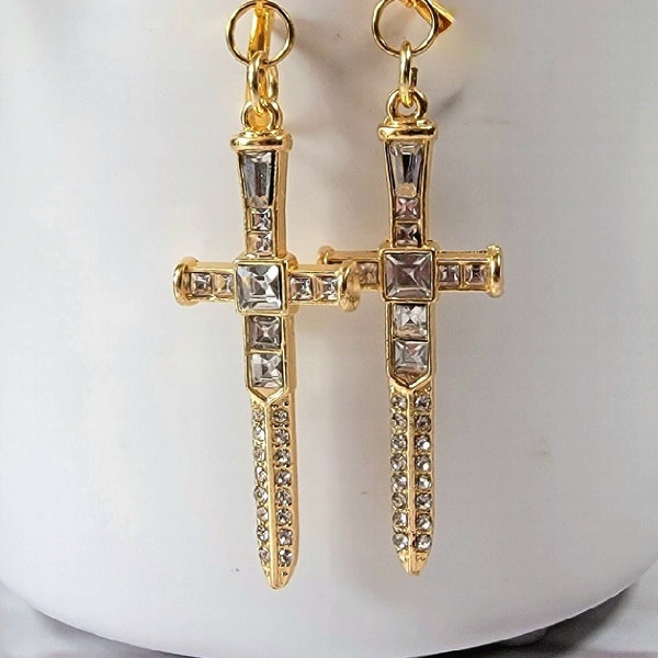 Sparkling Dagger Earrings, Bold Long Dangle, Edgy Shimmering Jewelry, Unique Religious Gold Sword Pendants, Faith Based Spiritual Accessory