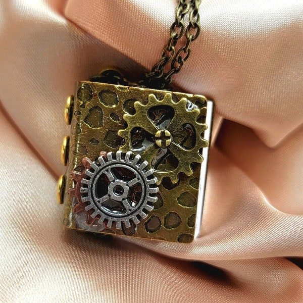 Antique Gold Book Locket Steampunk Necklace, Industrial Chic Design, Cogs Necklace with a Vintage-Appeal