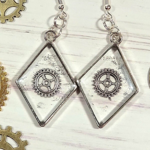 Silver Wheel & Cog Earrings W/ Shimmer, Steampunk-Inspired Dangle, Vintage-Themed Victorian Design, Artistic Blend of Old and New Design