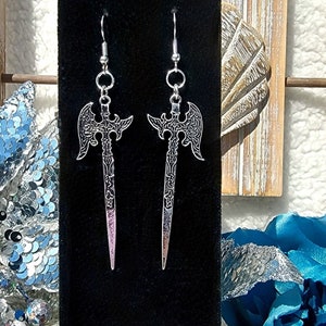 Antique Style Silver Battle Axe Earring, Long Drop, Gothic Jewelry, Medieval Hatchet Jewelry, Punk Jewellery, Fantasy Inspired Accessory