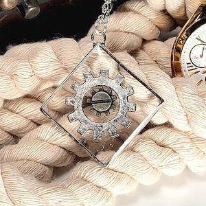 Diamond-Shaped Steampunk Pendant, Silver Speckled Cog Necklace, Elegant Timepiece Jewelry, Artistiry & Innovation Inspired, Past and Future