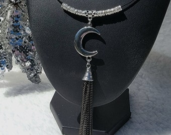 Silver Moon & Tassel Necklace, Moon Jewelry, Celestial Pendant, Ethereal Style Jewellery, Lunar Inspired, Night Sky Vies, Mystical Accessory