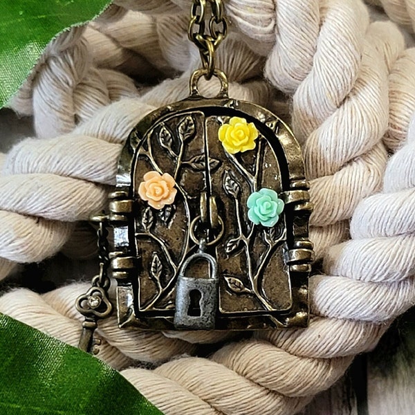 Whimsical Door Pendant Necklace, Unique Fairytale Charm, Brown Doorway with Decorative Engraving