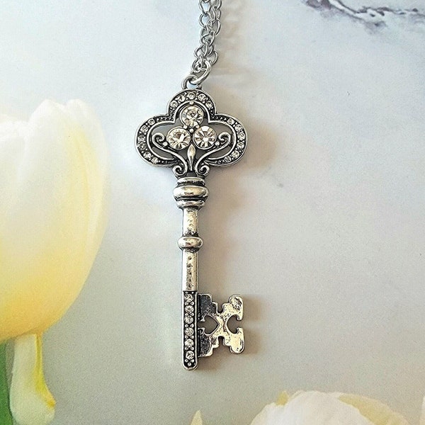 Silver Key Pendant Necklace, Rhinestone Skeleton Key, Daily Wear Heart Charm, Valentine's Day Gift, Anniversary Present, Keepsake Love Token