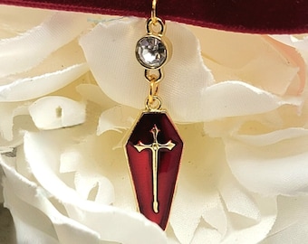 Blood Red & Gold Coffin Pendant, Thick Red Velvet Choker, Goth Elegance, Unique Bold Halloween Charm, Macabre Jewelry, Conversation Starter