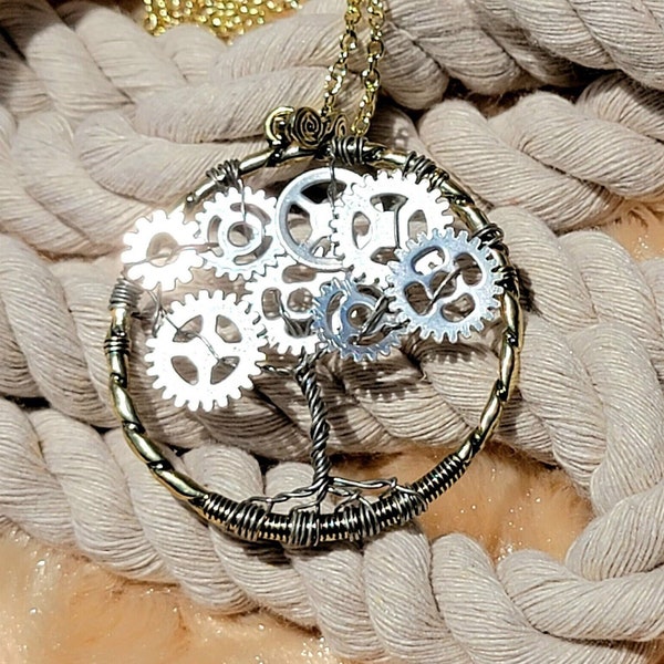 Steampunk Tree of Life Necklace, Handmade Jewelry, Industrial Style Pendant, Vintage Design Jewellery, Custom Pieces, Minimalist Charm