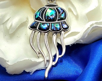 Glass Jellyfish Pendant with Abalone, Iridescent Blue-Green Jewelry, Ocean Theme Design, Marine Life Jewellery, Graceful Sea Creature