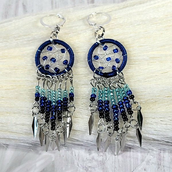Handmade Blue Dreamcatcher Earrings, Beaded Spiritual Drop, Symbolic Jewelry, Spiritual Talisman, Harmony Pendant