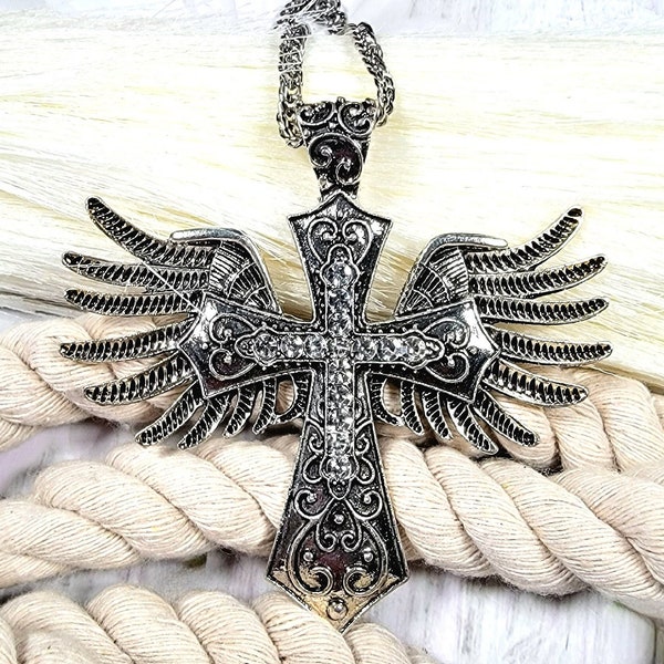 Winged Cross Necklace, Ornate Crucifix, Focal Point Accessory, Artisan Statement Jewelry, Religious Pendant, Angelic Charm, Faith Based