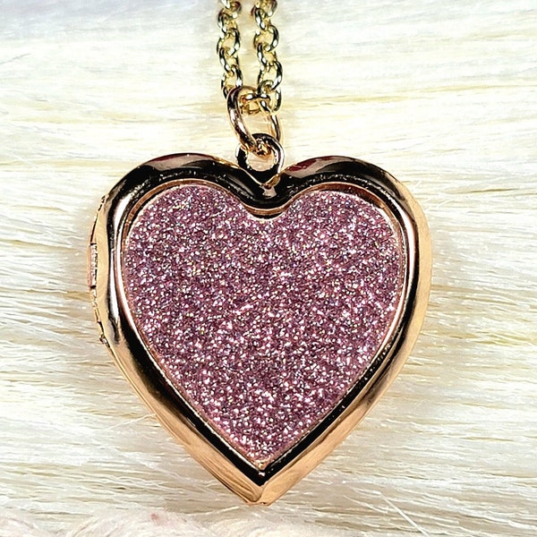 Enchanting Heart Locket Necklace, Love Symbol Jewelry, Fashionable Glittery Charm, Chic Pink Pendant, Valentine's Day Gift, Romantic Keepsak