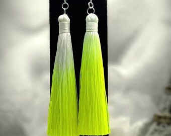 Neon Green Tassel Earring, Vibrant Lime Green Dangle, Long Ombre Fringe Drop, Bold & Bright Festival Jewelry, Unique Boho Chick Accessory