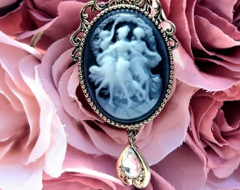 Intricate Cameo Design W/ Dancing Ladies, Antique Gold Elegant Portrait Necklace, Celebration of Femininity, Unique Handcrafted Ornate Piece