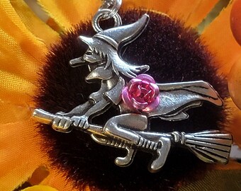 Bewitching Beauty on Broomstick  Necklace, Enchantress w/ 3D Rose Detail, Unique Mystical Daily Wear Pendant, Stainless Steel Witch Jewelry