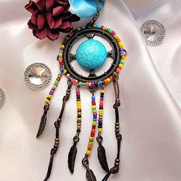 Turquoise Dream Catcher, Multi-Colored Seed Beads, Fashionable Protection Piece, Unique Symbolic Artistry, Cultural Jewelry, Ethnic Inspired