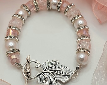Pulseira de pérola falsa branca e cristal rosa, pulseira com contas de pérola, fecho de alternância, joias de cristal, fecho de folha