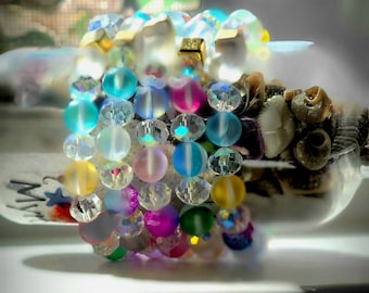 Luminous Rainbow Moonstone Bracelet, Frosted Crystal Bead Wristlet, Spiritual Energy Accessory, Multi-Color Elegant Day-to-Night Adornment