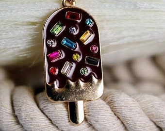 Sprinkled Popsicle Necklace, Brown Popsicle Pendant, Gift Idea for Mother and Daughter, Colorful Rhinestone Necklace, Whimsical Gold Jewelry