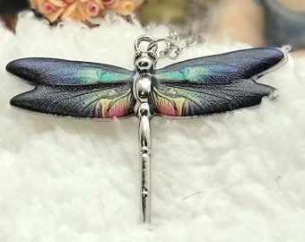 Small Silver Dragonfly Pendant Necklace with Blue & Turquoise Shades on Wings, Nature Charm, Colorful Jewellery, Bug Jewelry, Insect Charm