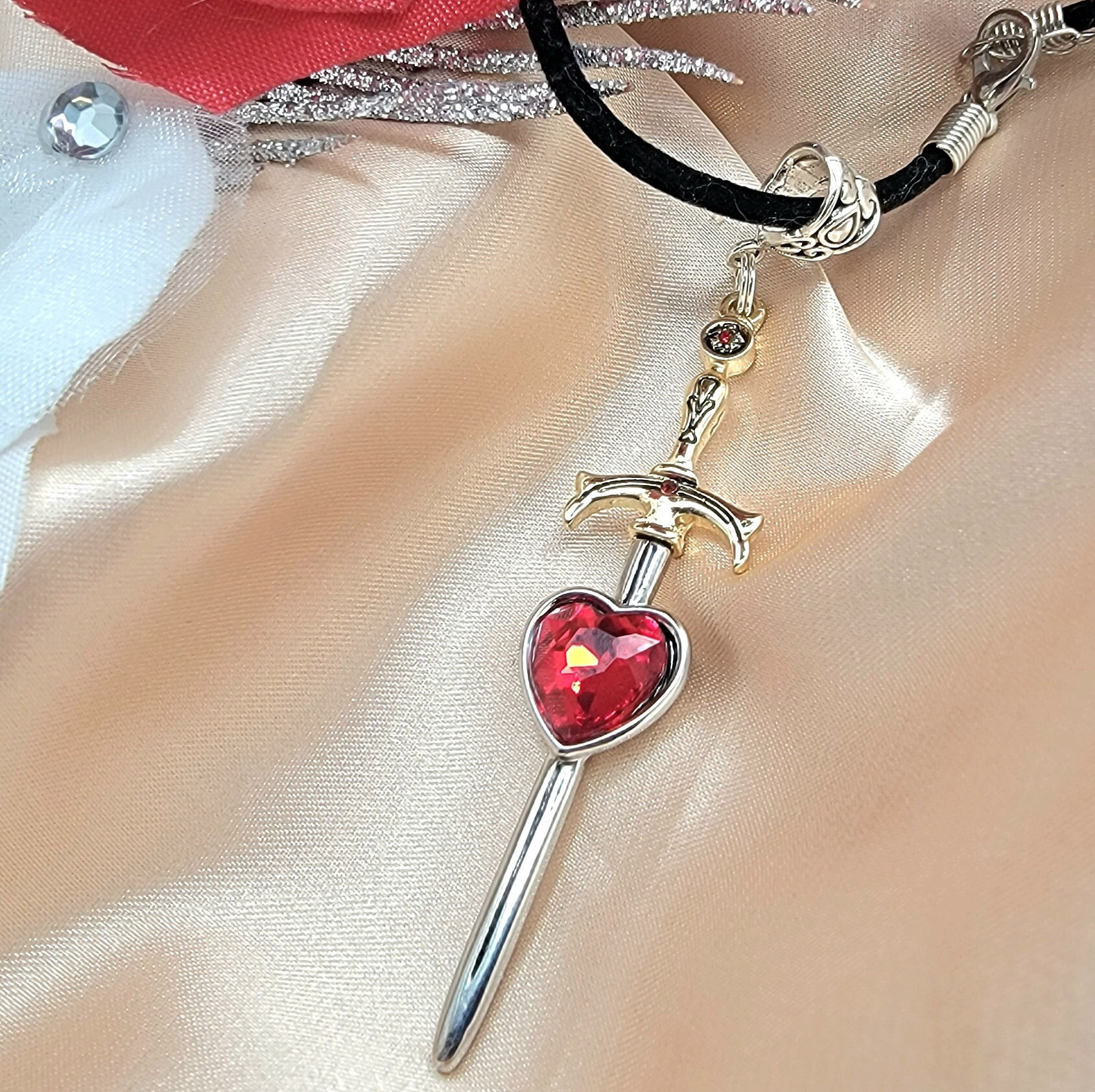 Blood Red Rhinestone Heart Sword Necklace, Heartbreak Dagger