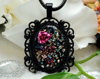 Shattered Glass Necklace, Pink Metallic Rose, Unique Resin Art, Eco-Friendly Accessory, Vintage Theme Design, Unconventional Rainbow Colored