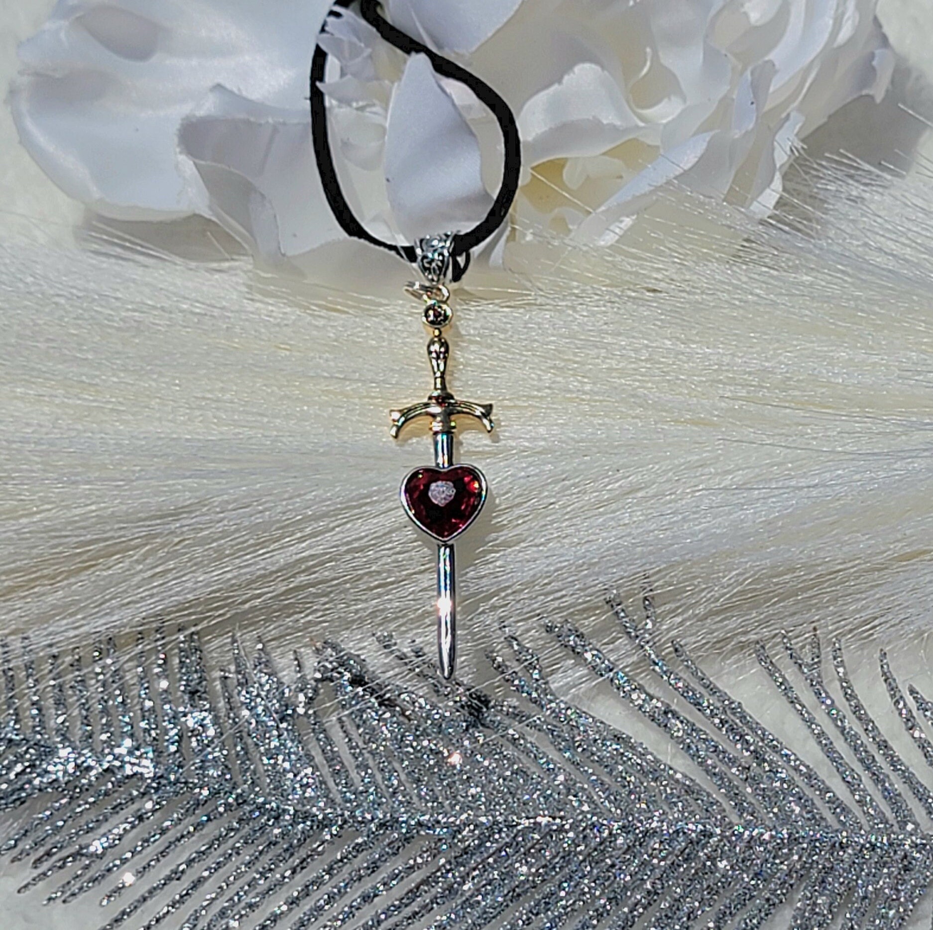 Blood Red Rhinestone Heart Sword Necklace, Heartbreak Dagger