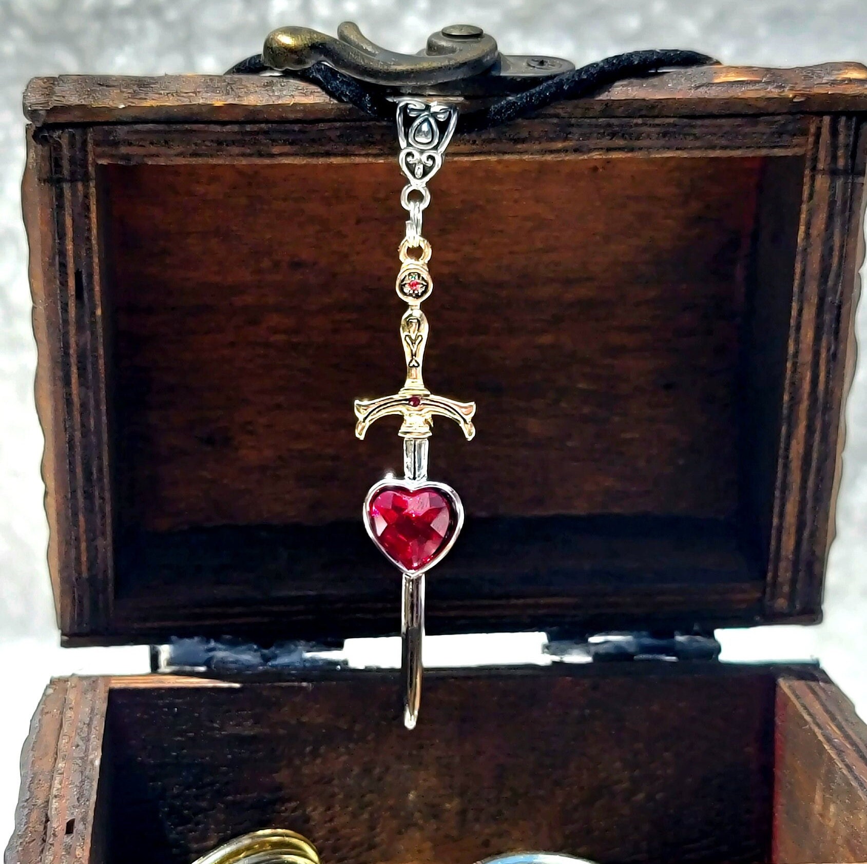 Blood Red Rhinestone Heart Sword Necklace, Heartbreak Dagger