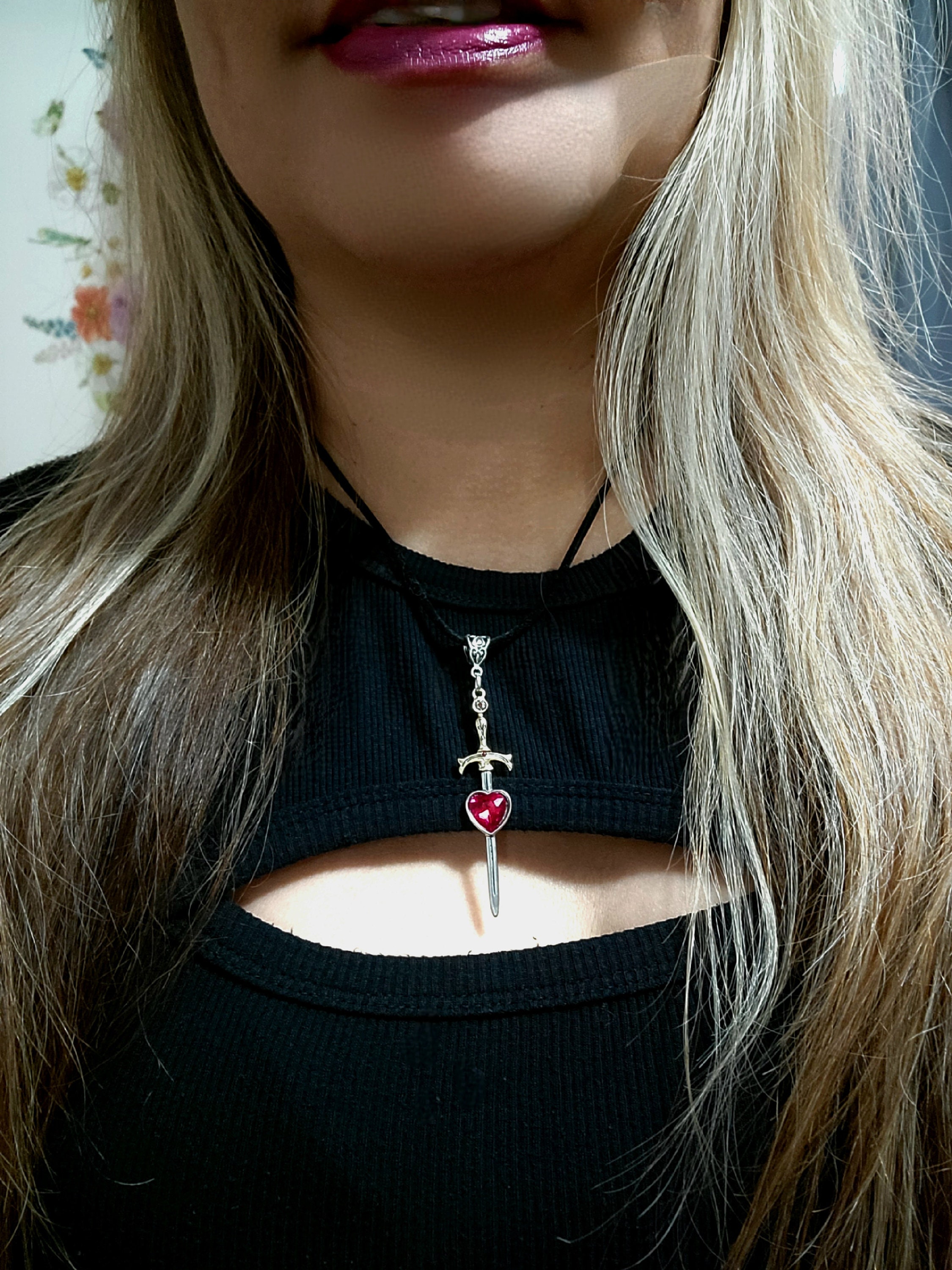 Blood Red Rhinestone Heart Sword Necklace, Heartbreak Dagger