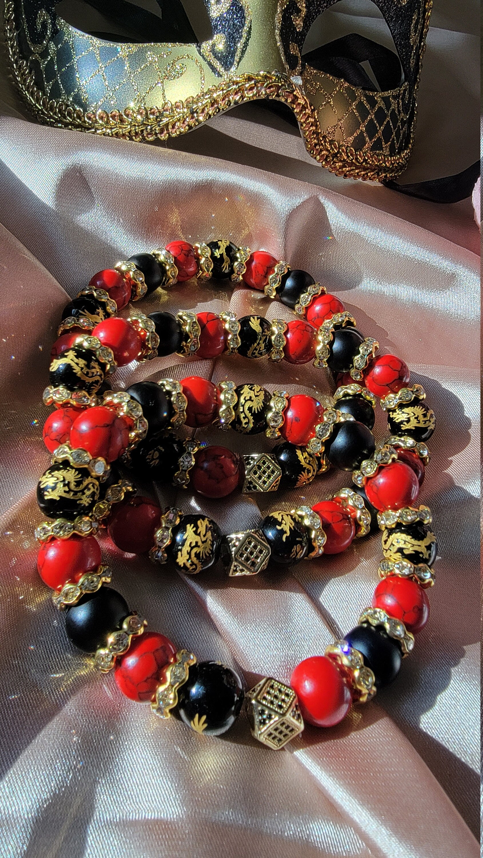 Red Turquoise & Black Onyx Bracelet, Dragon-engraved Beaded