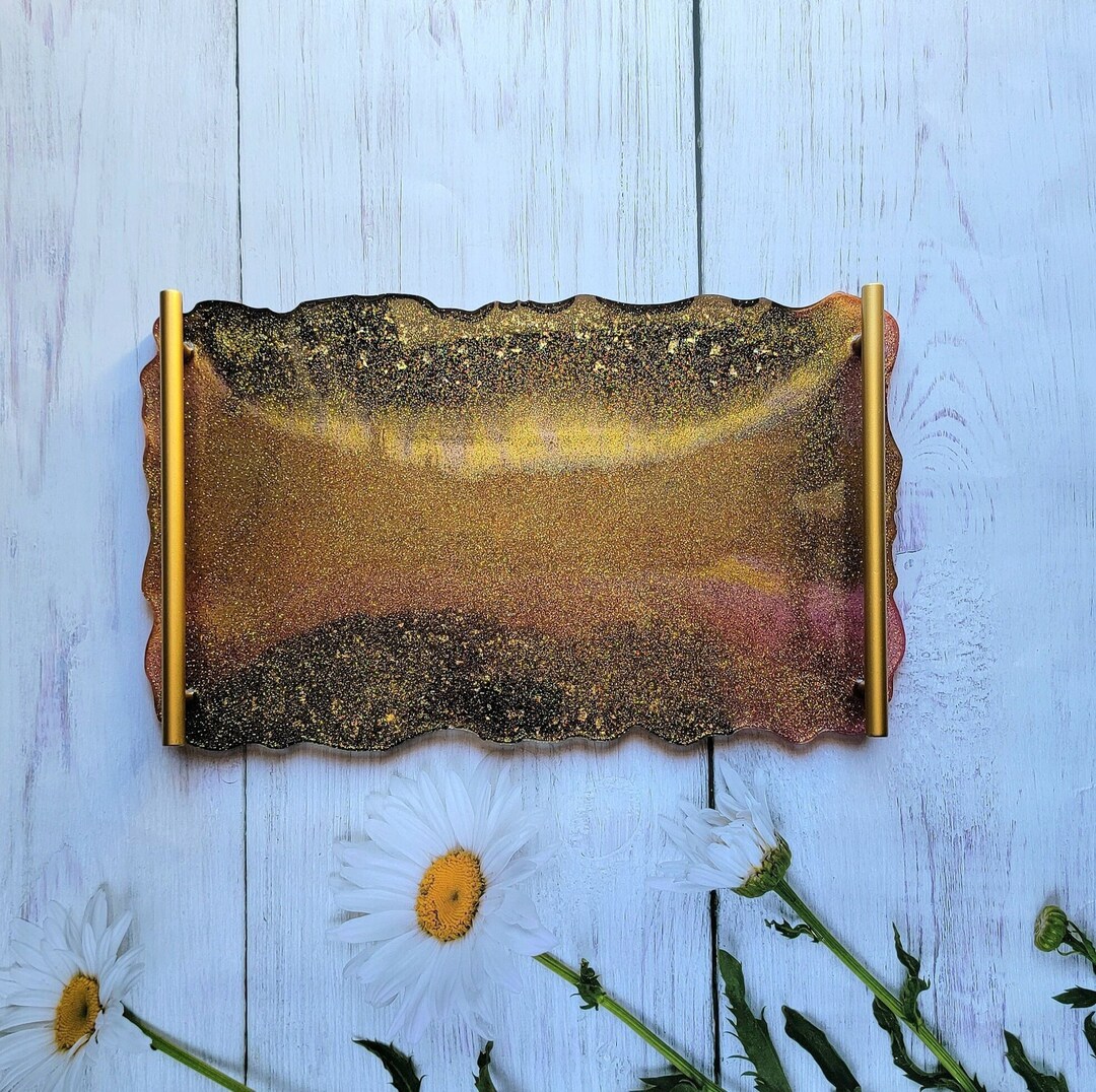 Golden Charcuterie Board, Vanity Tray, Handcrafted Resin Decor With ...